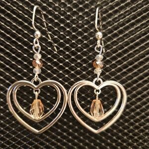 Silver double heart and pink glass crystal chandelier earrings